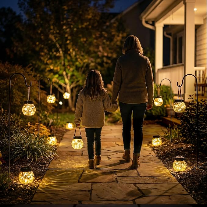 ROSHWEY 4 Pack M Size Solar Lantern Gifts for Women - Outdoor Solar Lanterns Waterproof with 15 LED Hanging Garden Patio Backyard Decor Lights for Halloween Christmas Easter Gift