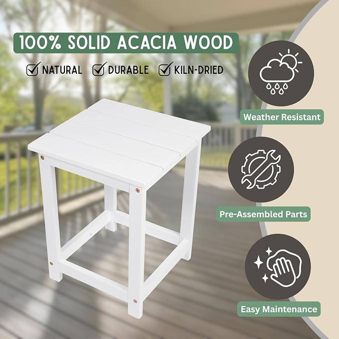 Shine Company Modern Acacia Wood Side Table, Indoor Outdoor Adirondack End Table, White