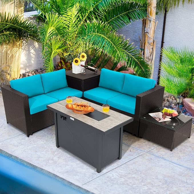 COSTWAY 5 Piece Patio Furniture Set with 42'' Fire Pit Table, Outdoor Wicker Rattan Loveseat Sofa with 4'' Thickened Cushions, 2 Side Tables, Sectional Conversation Set for Backyard (Turquoise)