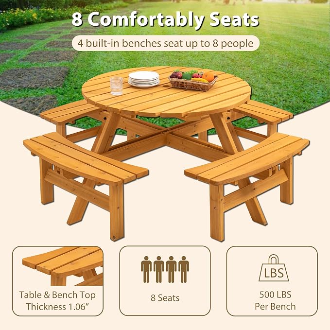 KEIKI 8 Person Round Outdoor Wooden Picnic Table, Circular Outdoor Wooden Dinning Table & Benches with 4 Built-in Benches & Umbrella Hole for Outside, Patio, Garden, Backyard, Porch