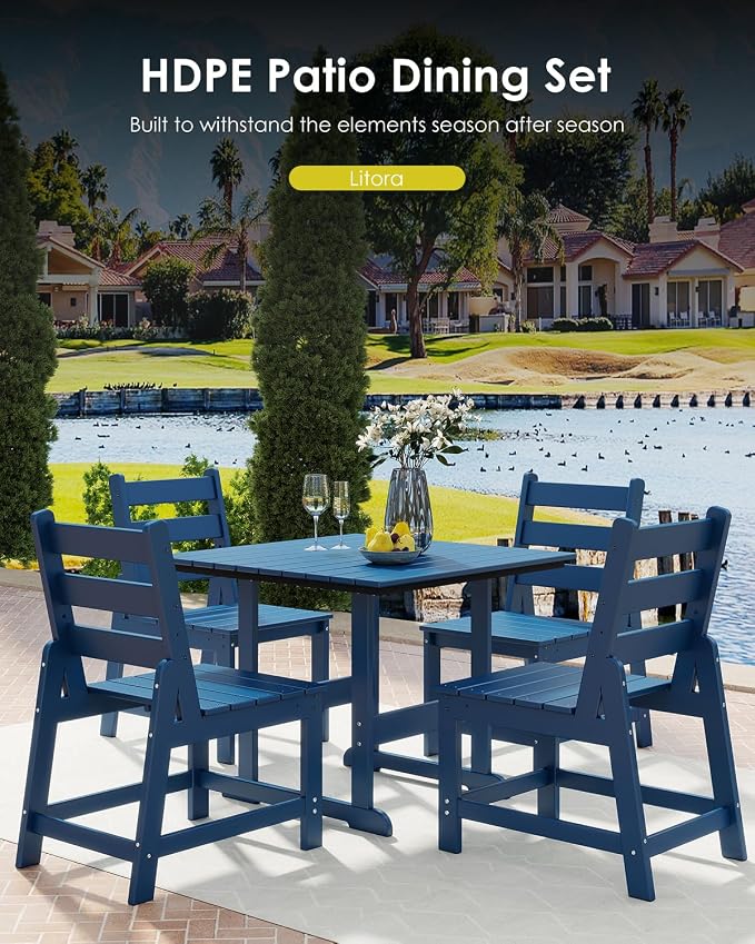 GREENVINES 5-Piece-Outdoor-Dining-Set | HDPE | Square | Patio Furniture | All Weather | Armless Chair | Slatted Table and Chairs Sets for 4 | for Backyard Poolside Garden | Blue