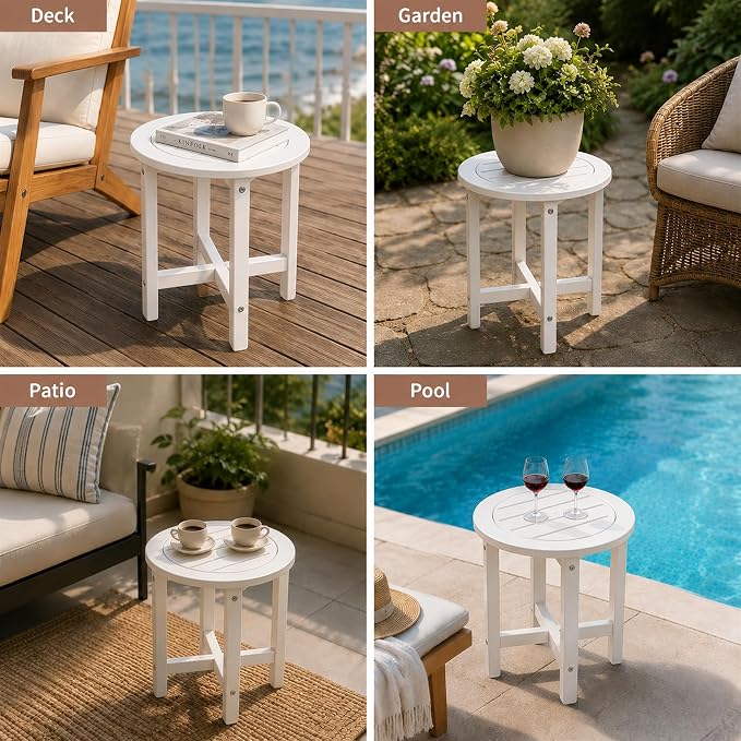 Small Outdoor Side Table 15.94" HDPE Round Adirondack End Table | Storage Shelf, Plant Stand, Weather Resistant, Easy to Clean & Use, Not prone to fading, for Patio, Backyard, Deck, White