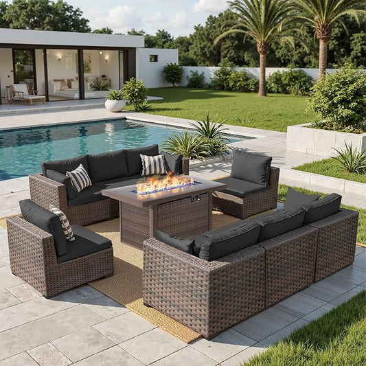 Grezone 9 Piece Patio Furniture Set with 44" Fire Pit Table, Outdoor Sectional Couch, PE Rattan Patio Conversation Sets with 4inch Cushions for Backyard Black