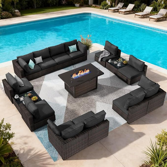 Patio Furniture Set, 15 Pieces Outdoor Sectional Patio Furniture Set with 42" Fire Pit Table, Rattan Wicker Sofa Set for Garden Backyard Deck Poolside, Black