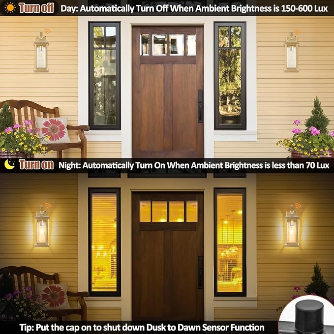 17 Inch Gold Outdoor Sconces Dusk to Dawn 2-Pack | ETL Listed Porch Lights, Photocell Sensor Brass Outdoor Light Fixtures Anti-Rust, Outside Wall Lanterns Wall Mounted Lamps