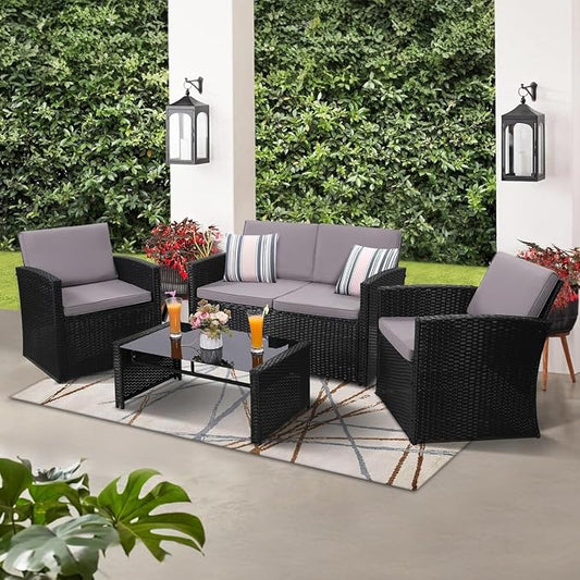 4 Pieces Outdoor Patio Furniture Set with Rattan Sectional Sofa, Cushioned Wicker Conversation Set in Black Frame and Light Grey Cushions for Garden Porch Backyard Relaxing Seating