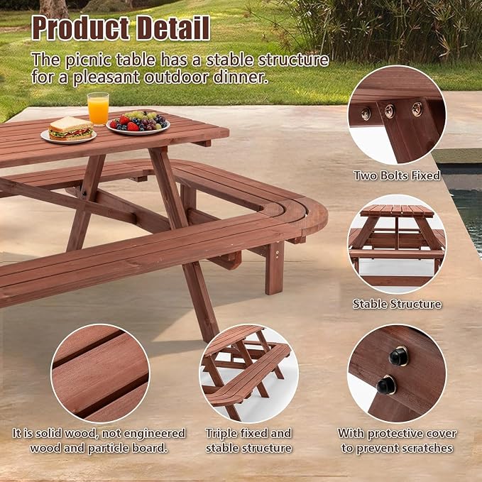 14-16 Person Wood Picnic Table with Attached Benches & Umbrella Hole,Rectangle Brown Outdoor Wooden Dining Table & Chairs for Patio Yard Garden Porch Deck