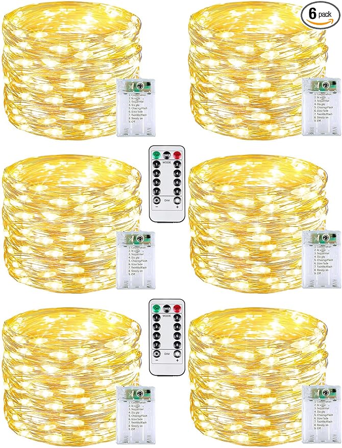 6 Pack 60 LED Fairy Lights Battery Operated with Remote, 20 FT Warm White | Cuttable, 8 Modes, Memory, Dimmable, Waterproof Battery String Lights with Timer for Indoor Outdoor, Christmas Decorations