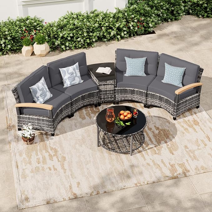 MEISSALIVVE 6-Piece Half-Moon Curved Outdoor Patio Furniture Set, Sectional Conversation Sofa with Wood Armrests, Coffee & Side Tables for Backyard Deck Garden, Grey