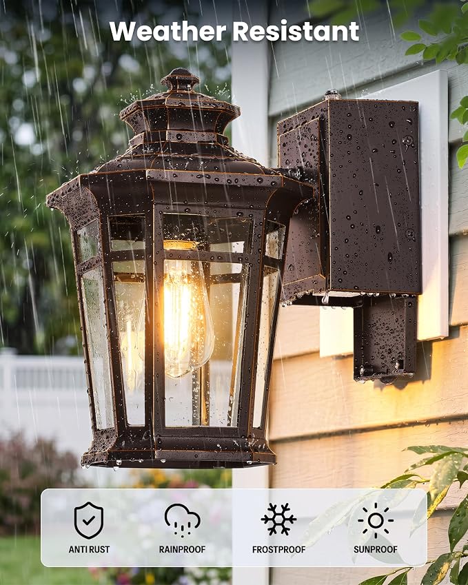 Gleamz Large Exterior Lighting Fixtures with GFCI Outlet, Oil Rubbed Bronze Dusk to Dawn Outdoor Lighting, Outdoor Porch Light for House, Garden, Doorway, Garage, Waterproof, Anti-Rust