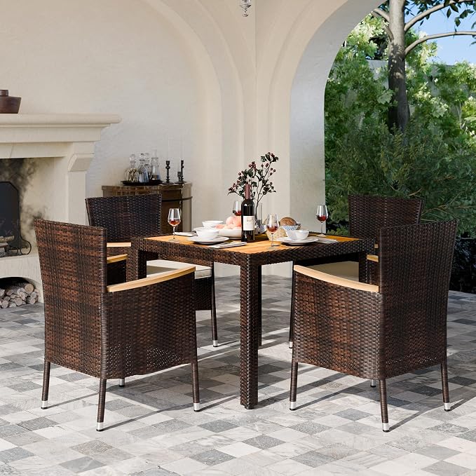 Vongrasig 5 Piece Small Patio Dining Set, Space-Saving Outdoor Wicker Furniture Conversation Set with Wood Table and Cushioned Rattan Chairs for Lawn, Garden, and Backyard (Brown)