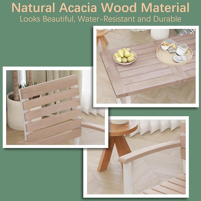 WiberWi 7 Piece Outdoor Dining Set for 6, Acacia Wood 59.1" Patio Table and Chairs Set with Metal Frame, Patio Dining Furniture Set for Garden, Balcony, Backyard, Poolside, Natural & White