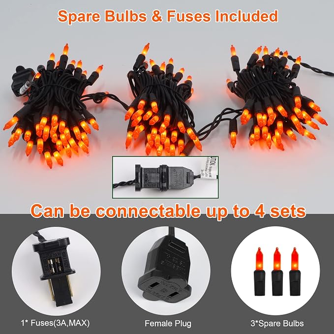 LJLNION 3 Pack Halloween Lights Outdoor, Each 29ft 150 Count Black Wire Incandescent Fairy Mini Lights, 120V UL Certified Clear Light String, Connectable for Patio Tree Party Home Decor, Orange