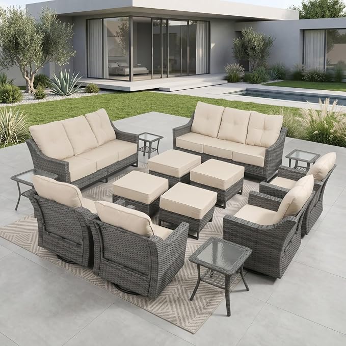 14-Piece Outdoor Patio Furniture Set, Grey Wicker Conversation Set with 2 Sofas, 4 Swivel Chairs, 4 Ottomans and 4 Side Tables, 6-Inch Beige Cushions for Deck, Backyard, Poolside