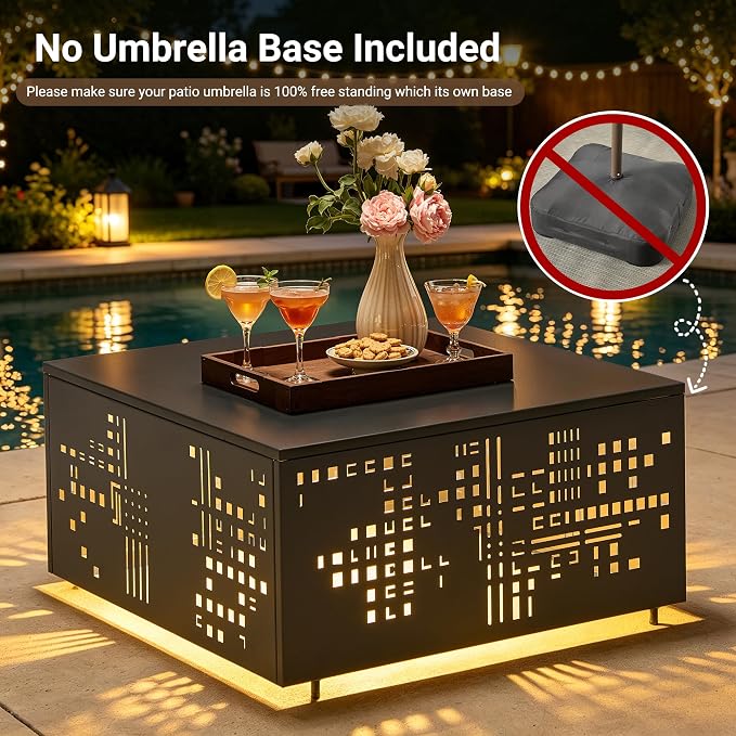 HOOOWOOO Outdoor Patio Solar Table with Umbrella Hole,Metal Coffee Side End Table,Umbrella Table with 2" Hole for Yard,Deck,Porch,Garden(Square Black)