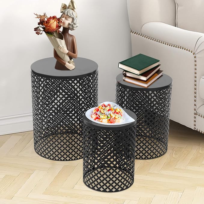 Metal Frame Accent Table,Cylindrical Outdoor Side Table,Decorative Garden Stool,Set of 3 Nesting Side Table,Modern Decorative Garden Stool for Patio Balconies Cafes Parks (3, Black)