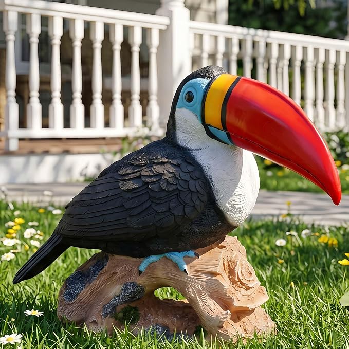 Real Toucan Statue,Colorful Outdoor Bird Decor Sculpture- 14.2" Resin Bird Outdoor Animal Ornament, Tropical Tiki Bar Decor, Waterproof & Weather-Resistant, Perfect for Garden, Patio, Yard
