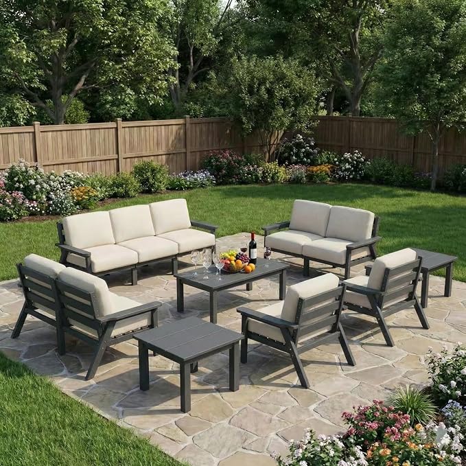 Kingdura HDPE Patio Furniture Set, 12 Piece Outdoor Sectional Sofa with Coffee Table & Side Table, All Weather Outdoor Couch Conversation Set with Washable Cushions for Backyard Poolside Balcony