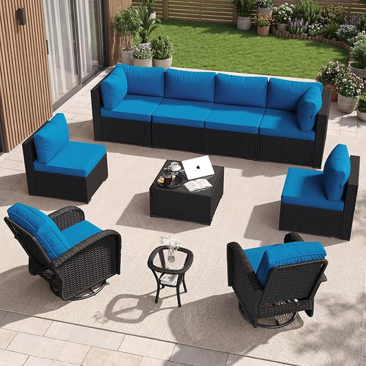 Aoxun 10 Piece Outdoor Patio Furniture Set with Coffee Table, Wicker Rattan Outdoor Furniture with High Back Swivel Rocker Chairs, Outdoor Conversation Set with Thick Cushion & Ottoman, Peacock Blue