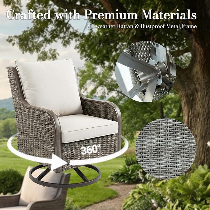 6-Piece Swivel Patio Furniture Set, 4 Outdoor Wicker Swivel Chairs with Coffee Table & Side Table, All-Weather Conversation Set for Porch Deck Backyard, Water-Resistant Cushions（6-PCS