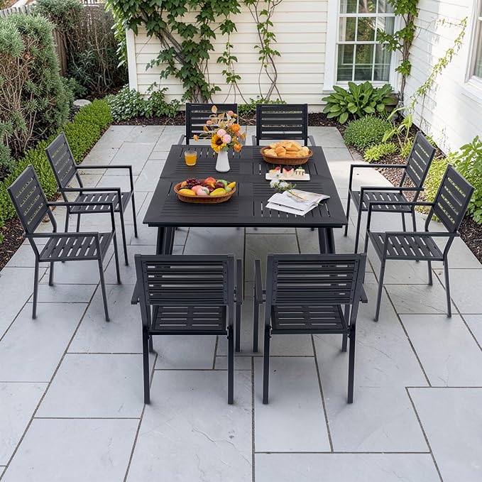 10-Piece Outdoor Dining Set - Two 47.25" HDPE Patio Tables and 8 Stackable Armrest Chairs - All-Weather Rust-Proof Steel Frame for Garden, Deck(Black)
