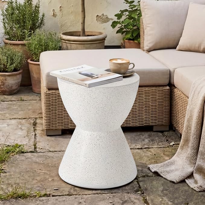 HOMPUS Outdoor Side Table Hourglass Shaped, Concrete End Table, Round Drum Patio MgO Coffee Lightweight Table, Modern Garden Planter Stand for Indoor Outdoor Use, Spotted White