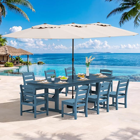 SERWALL 10 Piece Outdoor Dining Set with 15ft Triple-Head Foldable Umbrella(Based not Included), 84" HDPE Outdoor Table and Armless Chairs Set for 8, Blue