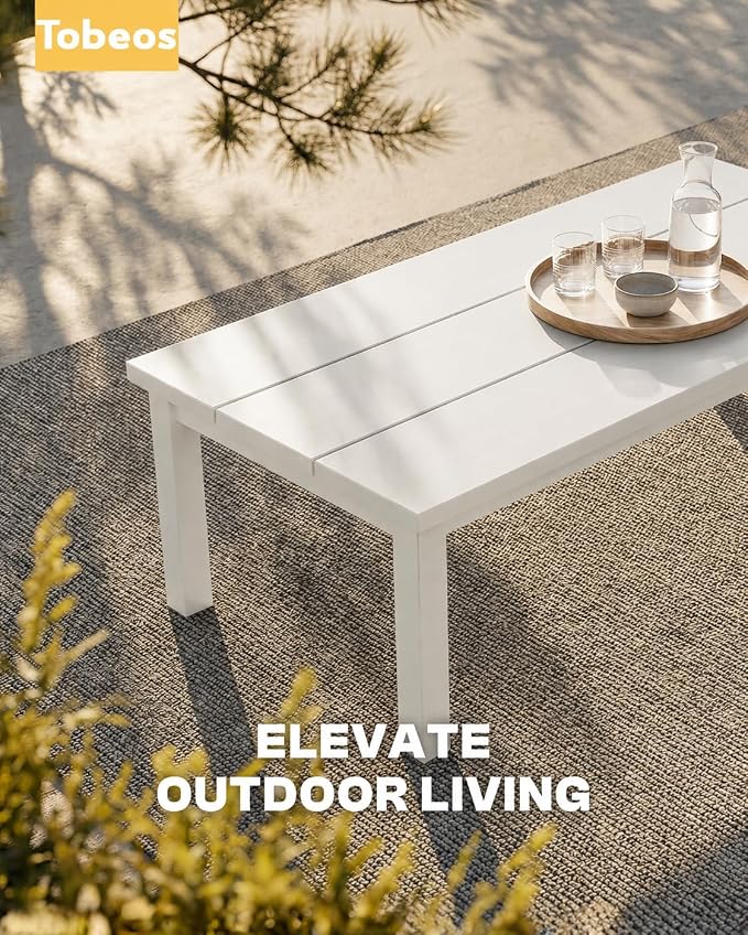 HDPE Outdoor Coffee Table, Weather-Resistant Rectangle Patio Coffee Table with Large Tabletop for Balcony, Deck, Garden, Poolside (White)