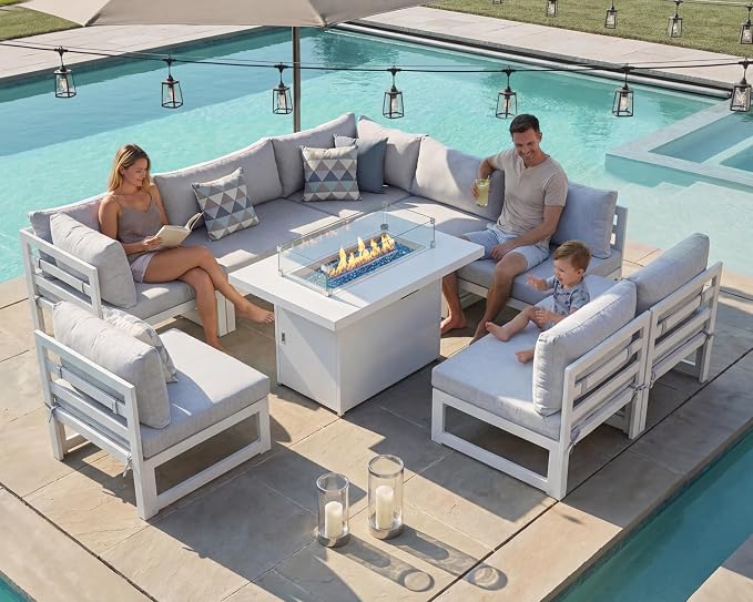 BULEXYARD 9 Piece Luxury Aluminum Outdoor Sectional Sofa with Fire Pit Table, Extra Large L Shaped Patio Furniture Set, 29" Deep Wide Seating, Comfortable Durable Conversation Set for 500 lbs, White