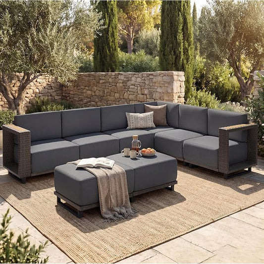 LazySunsets Patio Furniture Set, 8 Pieces Wicker Outdoor Sectional Sofa with 10'' Ultra-Thick Cushions & Ottomans, All-Weather Rattan Conversation Set for Backyard Poolside, Brown/Dark Gray