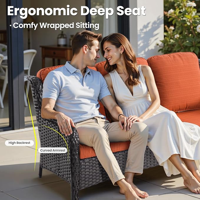 ovios 8-Piece Patio Furniture Set with Swivel Chairs Side Table, Outdoor Wicker Sofa with 42" Fire Pit Table, High Back Couch Modern Conversation Sets, Brown/Orange Red
