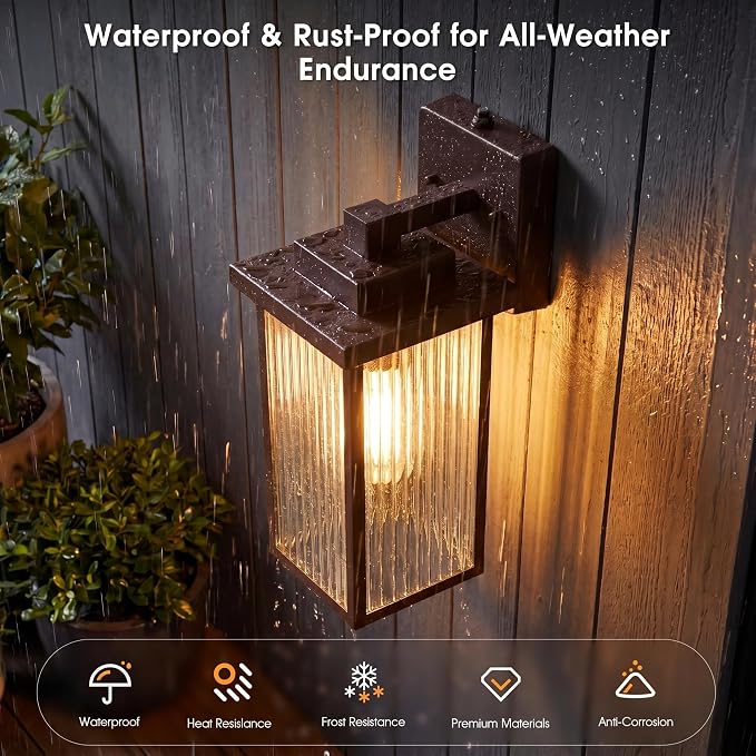 2-Pack 15-Inch Dusk to Dawn Outdoor Light, Oil-Rubbed Bronze Metal | Auto On at Dusk, Off at Dawn. Textured Glass Softens Glare. Waterproof Rust-Resistant Metal. Pre-Assembled DIY Install