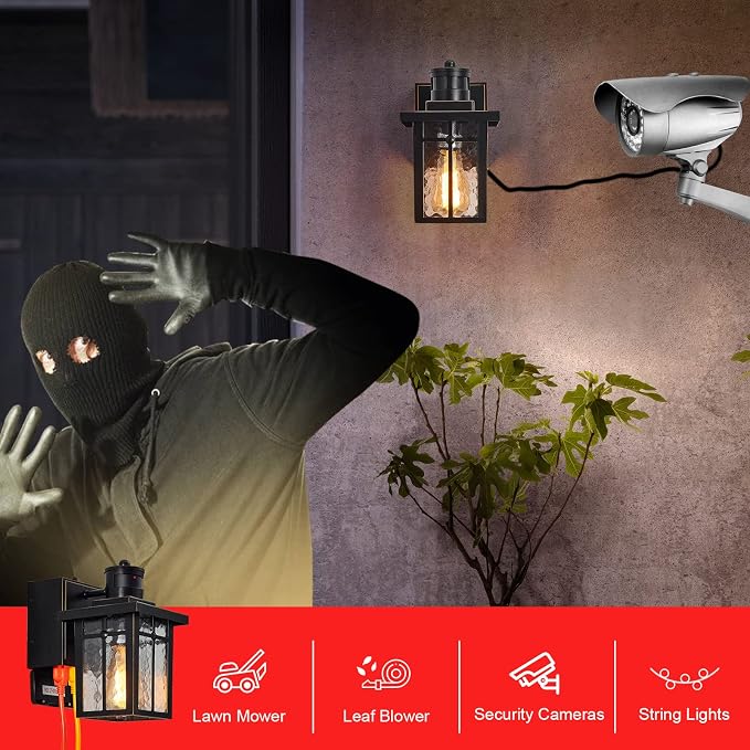 Myhaptim Porch Lights with GFCI Outlet,Dusk to Dawn Motion Sensor Outdoor Lights,3 Lighting Modes Black Front Door Light,Waterproof Exterior Light Fixture,Outside Wall Lamp for House Patio Garage