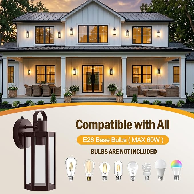 EJIAXIN 2 Pack Dusk to Dawn Outdoor Lighting Fixtures,Brown Porch Lights | 13" Waterproof outdoor lights for house, Clear Glass, Modern Outdoor Lights for House for Patio Front Door Entryway Garage