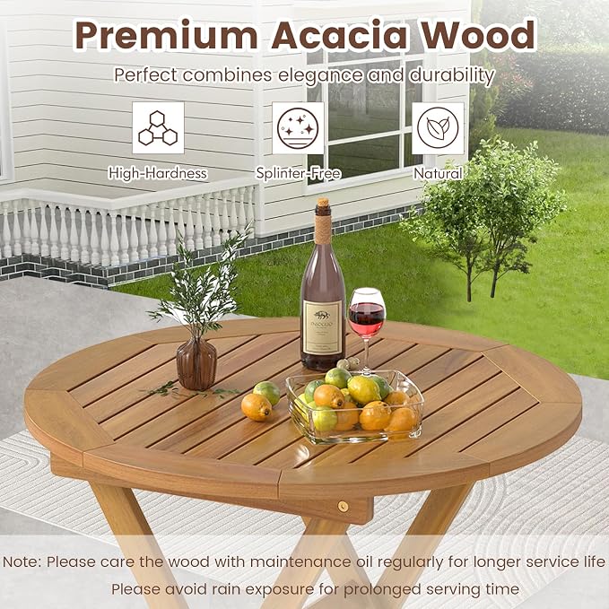 RELAX4LIFE Round Outdoor Folding Table - 26’’ Acacia Wood Patio Bistro Table w/Slatted Tabletop for Indoor Outside Dining Camping, Portable Foldable Wooden Furniture for Garden Backyard Porch (2)