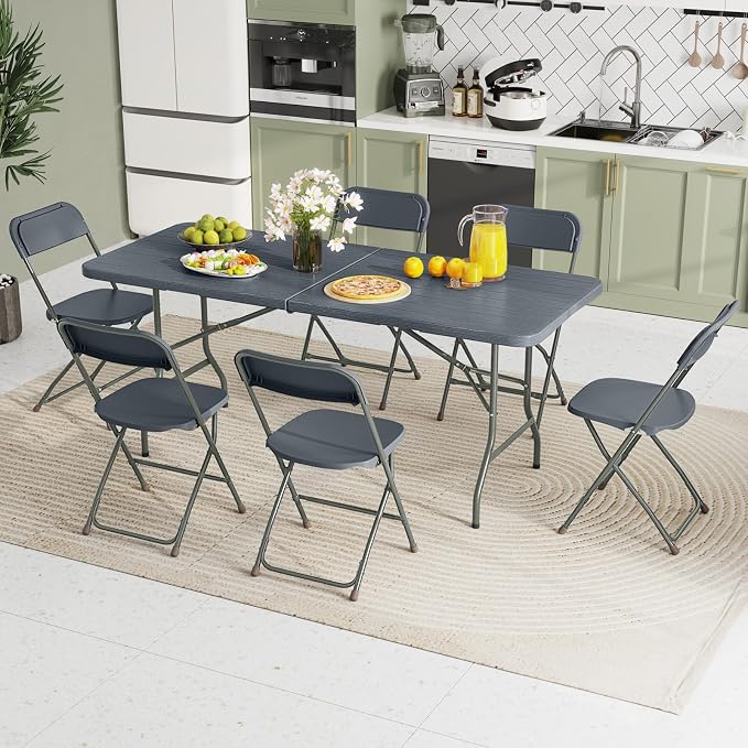 Goplus 6ft Plastic Folding Table, 350 LBS Indoor Outdoor Heavy Duty Portable Folding Tables with HDPE Tabletop, Handle, Lock, Foldable Rectangle Utility Card Table for Picnic, Party, Camping, Dining