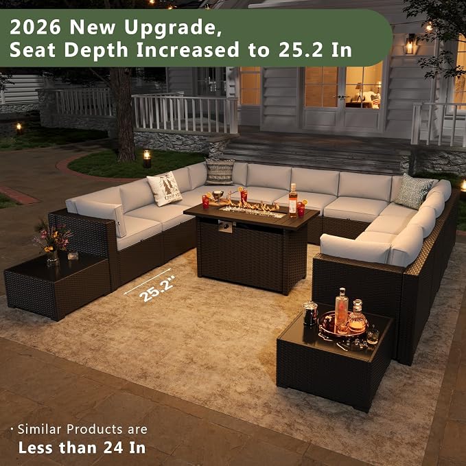 Aoxun 15 Piece Patio Furniture Set with 44” Fire Pit Table, Wicker Rattan Patio Sectional Sofa, Outdoor Furniture Set with Thickened Cushion, Light Gray