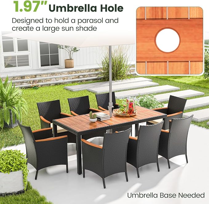 Tangkula 9 Pieces Rattan Outdoor Dining Set for 8, Outdoor Acacia Wood Table Set with 8 Cushioned Wicker Chairs, Umbrella Hole, Patio Dining Furniture Set for Deck Pool Backyard