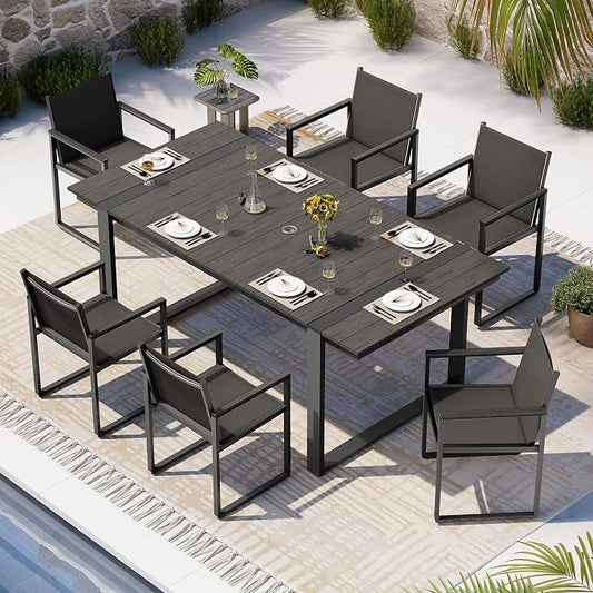 Outdoor Dining Set, Patio Table and Chairs Set, 7 Piece HDPS + Aluminum Patio Furniture Set with Umbrella Hole, Patio Dining Table Set (Charcoal)