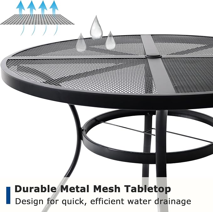 47" Round Patio Table with Umbrella Hole, Metal Outdoor Dining Table for Garden, Backyard and Deck, 6 Person Round Patio Dining Table for Outside, Black Mesh Table