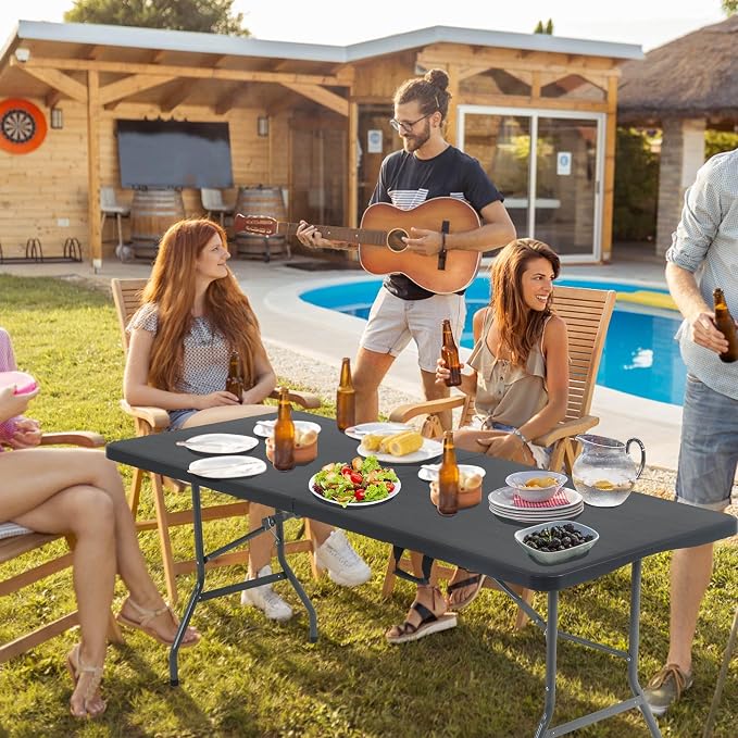 Black Folding Tables 6Ft Outdoor Dining Table, Portable Fold Up Lightweight Foldable Desk, 6 Foot Folding Desk Picnic Table Party Tables Camping Table, Plastic Beach Table Patio Outdoor Furniture
