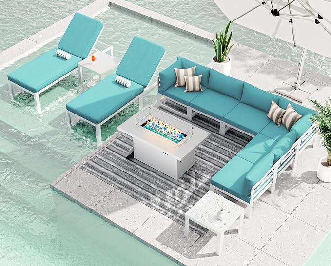 RADIATA Oversized Modern Aluminum Patio Furniture Set with Lounge Chair & Fire Pit Table, 29" Wide Deep Seated, Comfy Outdoor Sectional Sofa Set of 11, 500 lbs Heavy Duty Conversation Set, Turquoise