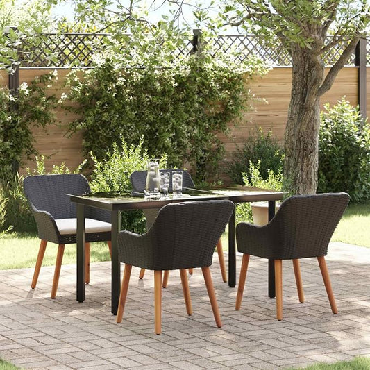 Garden Dining Set with Cushion 5 pcs Black Poly Rattan Outdoor Patio Furniture Table and 4 Chairs for Backyard Poolside Deck Porch Lawn Weather Resistant Easy Assembly