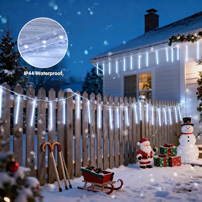 JMEXSUSS White Solar Lights Outdoor, Solar Meteor Shower Lights Outdoor | 8 Tube 144 LED Christmas Lights for Tree Wedding Xmas Holiday Party Patio Gazebo Decor