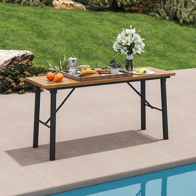 HAPPYGRILL Folding Picnic Table Bench Set, Acacia Wood Dining Table Bench w/Metal Frame, Portable Camping BBQ Table Bench, Rectangular Dining Table for Indoor Outdoor Activities Garden Yard Patio