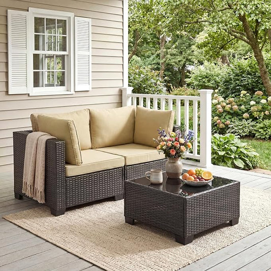 ANJ 3 Piece Outdoor Wicker Patio Furniture Set, Modular Loveseat Sofa with with Glass Top Coffee Table, All-Weather Rattan Conversation Couch Set for Balcony, Backyard, Dark Brown Wicker-Camel