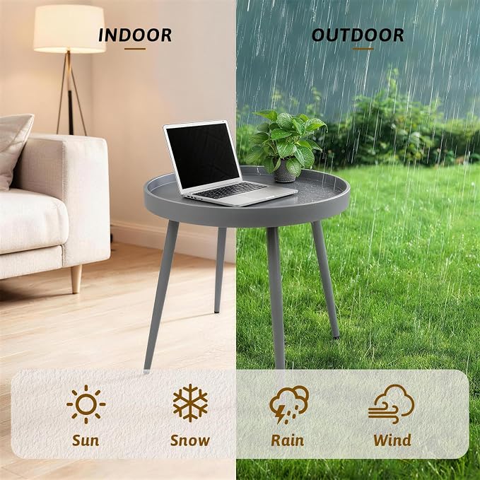 Small Outdoor Side Table - Round Metal End Table with PP Desktop & Anti-Fall Fence - Mini Coffee Table for Small Spaces - Versatile Outdoor End Table for Patio, Couch, Bedside - Gray