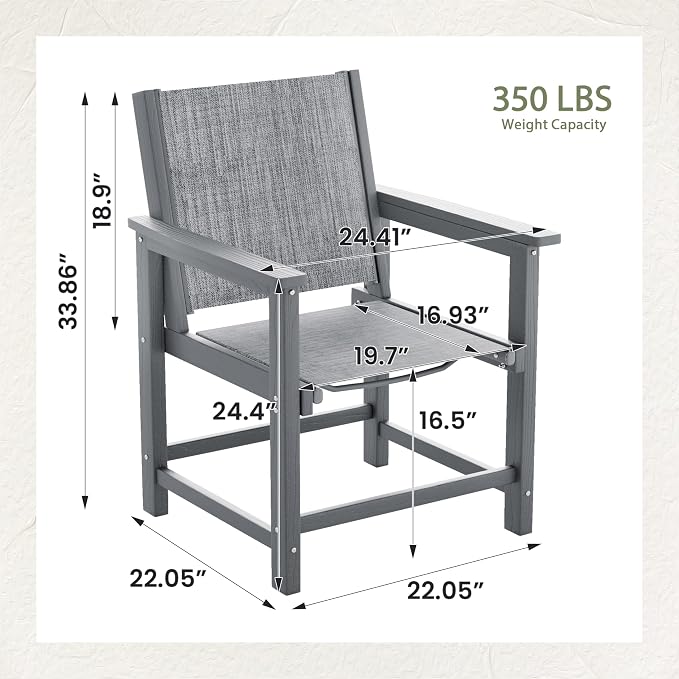 UDPATIO HDPE Patio Dining Chairs Set of 2 with Teslin Fabric Heavy Duty Outdoor Chairs All-Weather Resistant Seating for Poolside, Deck, Garden, Backyard, Light-Grey
