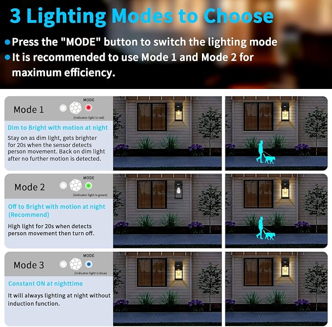 Solar Wall Lights Outdoor with 3 Lighting Modes & Motion Sensor, Solar Porch Light with 2 Bulbs, Waterproof Outdoor Wall Sconce Lantern Lamp Fixture for Garage Porch Shed Barn Yard Garden Front Door
