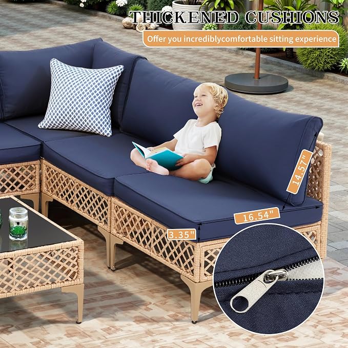 FHFO 7 Piece Outdoor Wicker Patio Furniture Set, Yellow/Blue | Sectional Sofa | All-Weather Hand-Woven Rattan | Tempered Glass Coffee Table | Free Combination | Indoor & Outdoor Use